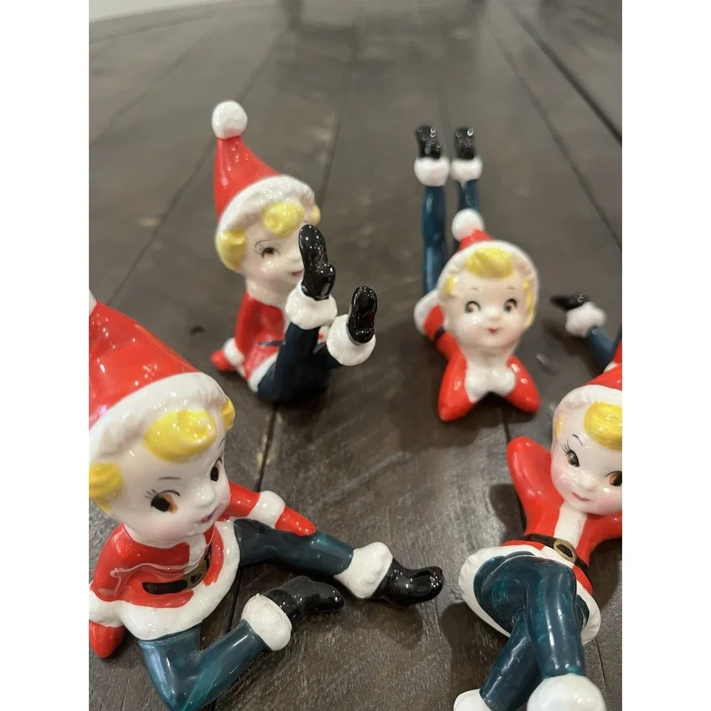 Complete Set of 6 Vintage Christmas Tumbling Elf Pixie Figurines Japan As‎ Is